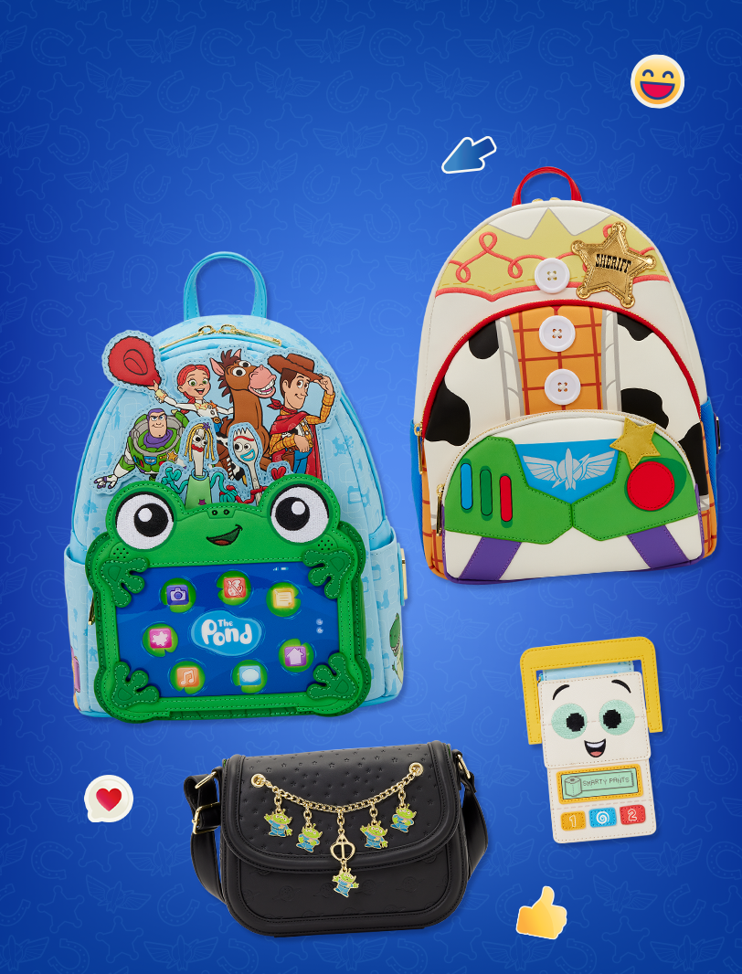Deep Blue background with bubble emoticons featuring Loungefly Disney Pixar Toy Story 5 collection