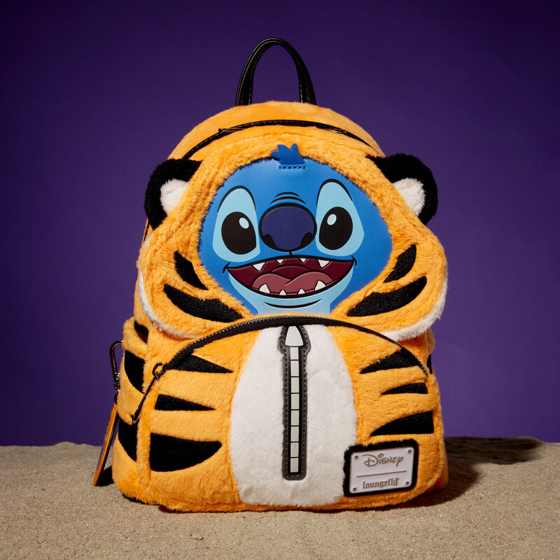 Loungefly mini backpack featuring Stitch dressed as Rajah from Aladdin. The bag sits against a purple and beige background.