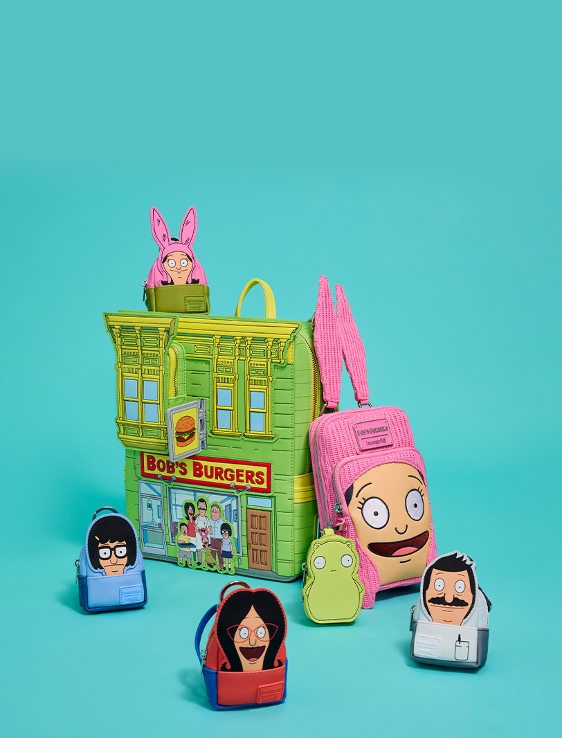 Teal product background featuring Loungefly Bob's Burgers collection