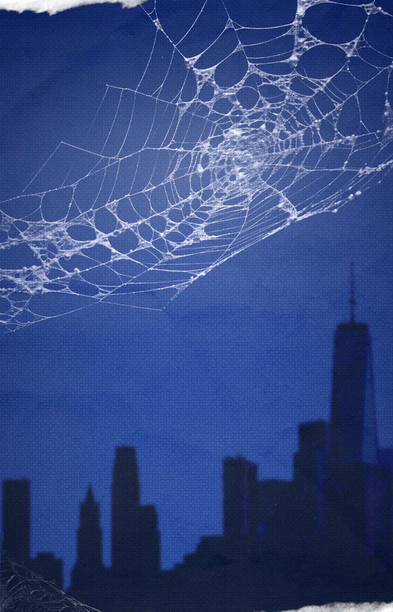 Cartoon city skyline with Deep Blue hue and spider web pattern