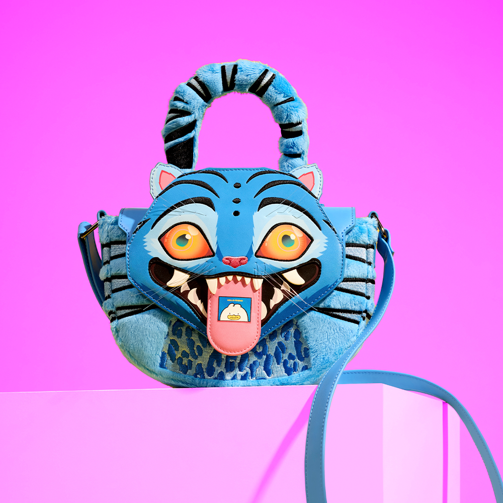 Bright Pink background with Loungefly Netflix KPop Demon Hunter Derpy Crossbody Bag