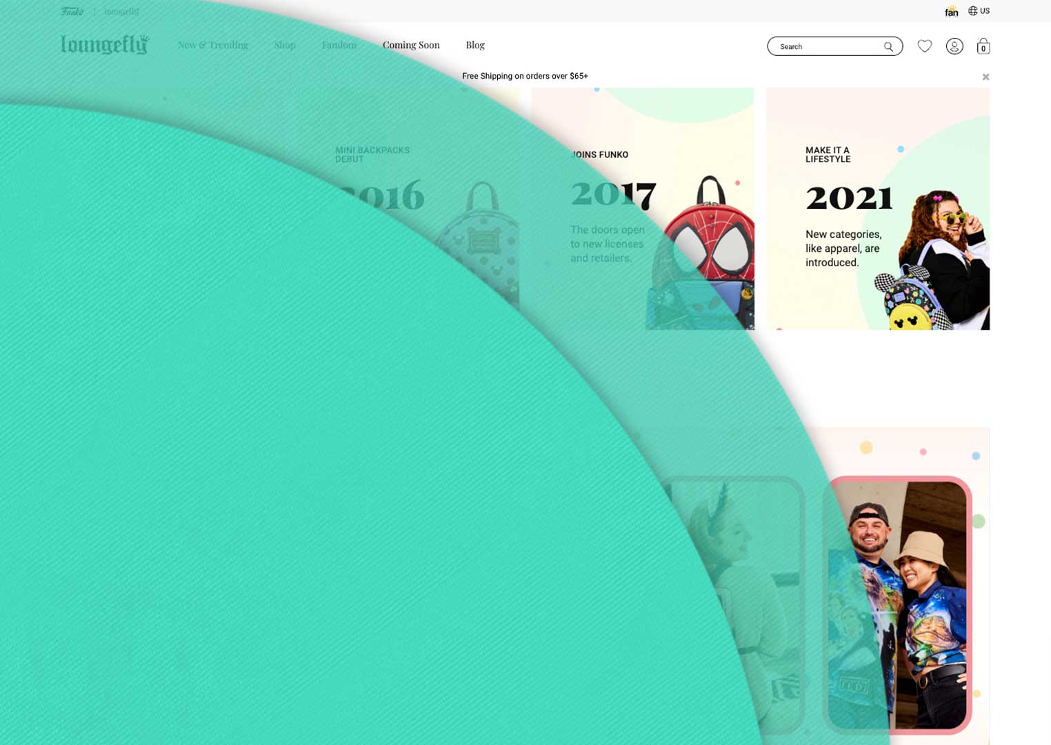 Mint circles overlaying Loungefly About Us landing page. Click to learn more!