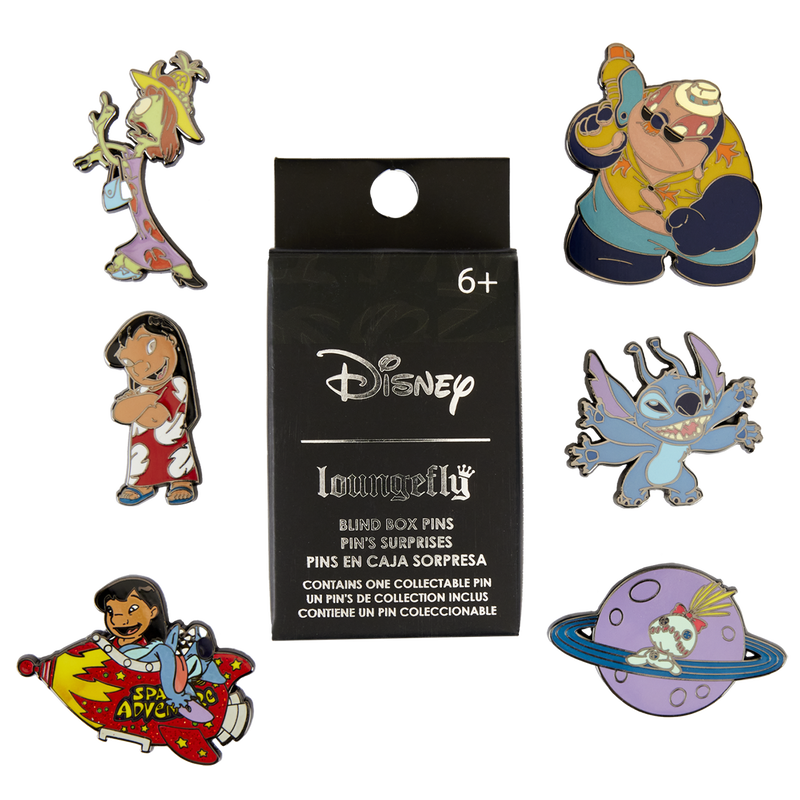 Image of the Loungefly Disney Lilo and Stitch mystery pins surrounding the box they each come in: Pleakley, Lilo, Lilo and Stitch in a rocket, Jumba, Stitch, and Scrump. 