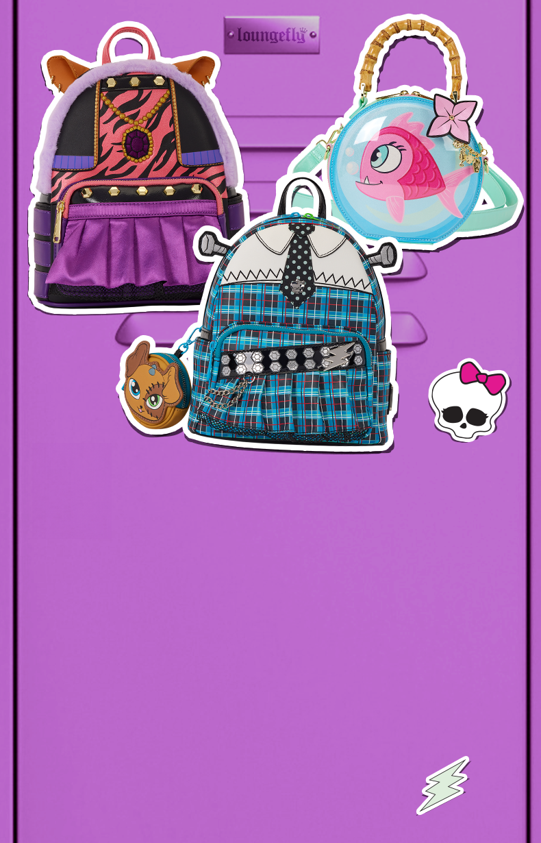 Purple locker background with Monster High stickers and lifestyle images of models showcasing Loungefly Monster High collection in polaroids