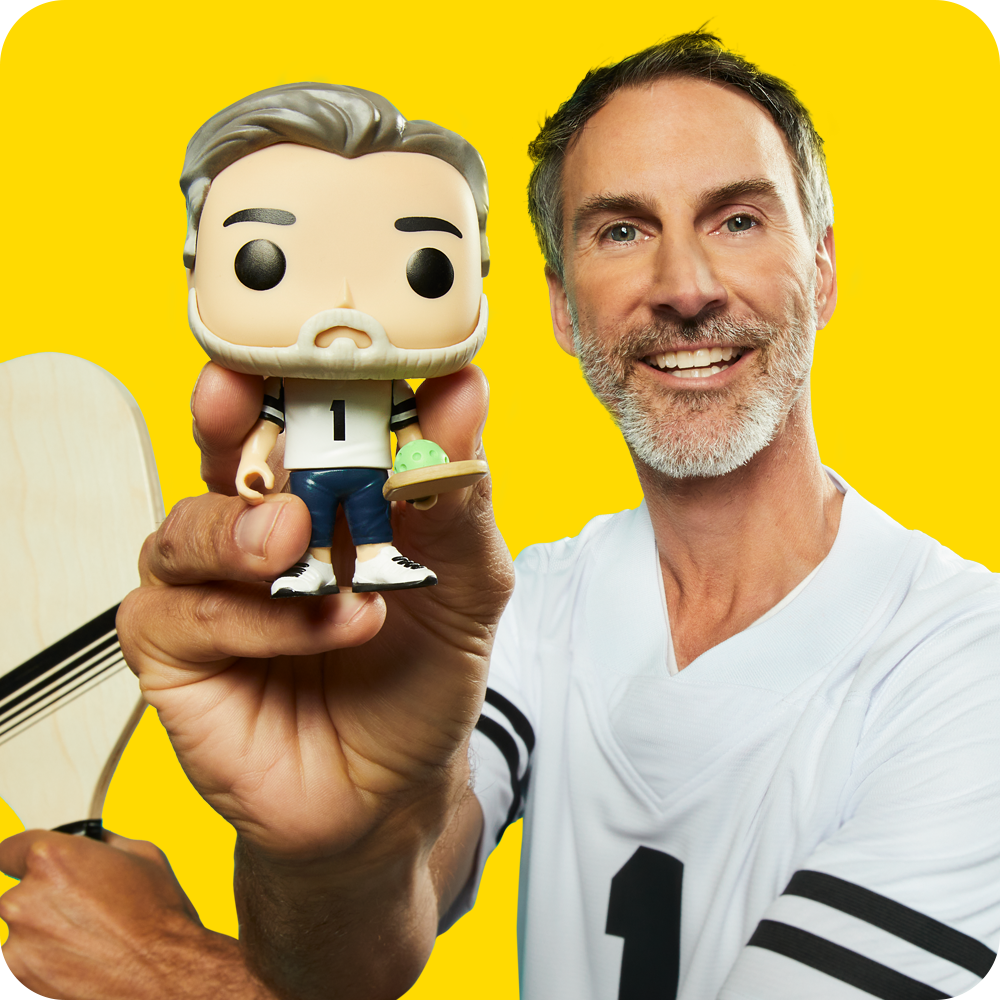 Yellow background with man and Funko POP! Yourself vinyl figure that looks exactly like Dad