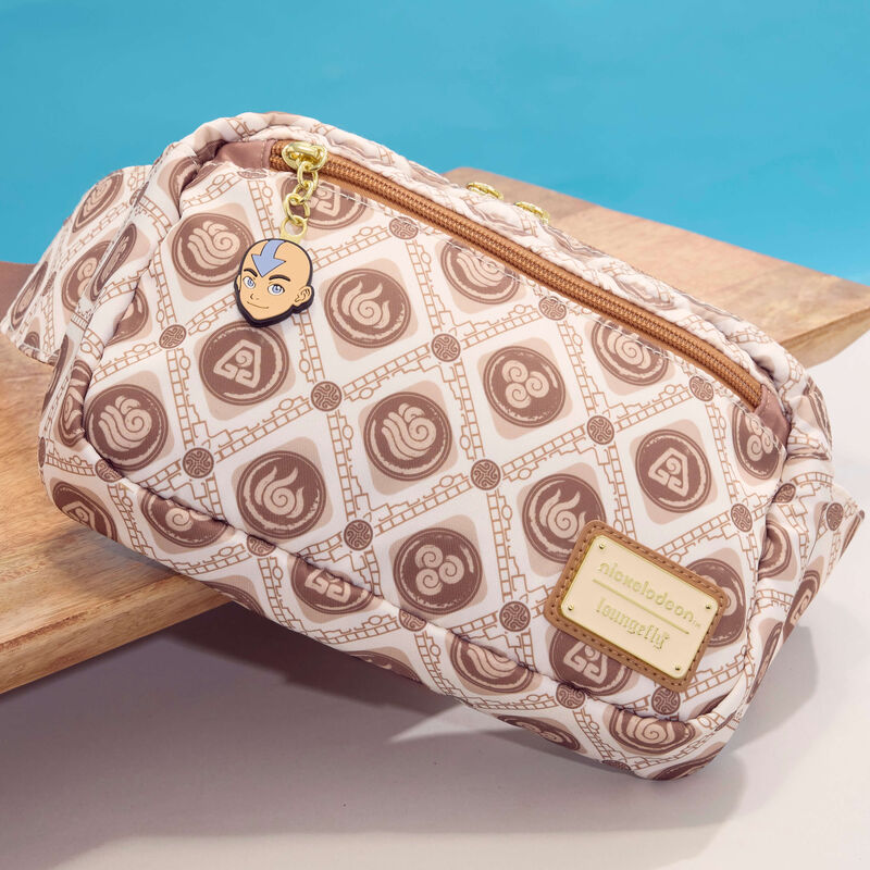 Loungefly Avatar: The Last Airbender nylon belt bag with neutral tones of white and brown, featuring motifs of each element all over the bag. 