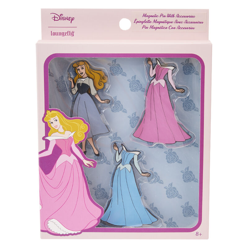 Image of our Sleeping Beauty Paper Doll Pin Set in packaging against a white background 