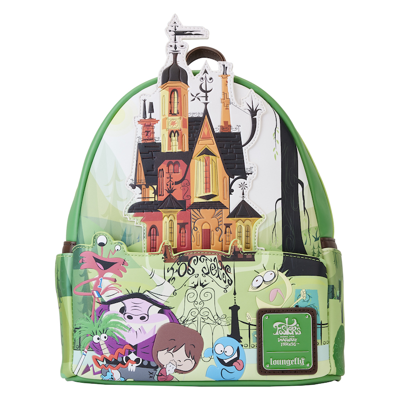 Green mini backpack featuring Foster's Home for Imaginary Friends with Wilt, Coco, Eduardo, Mac, and Bloo standing outside the front gates