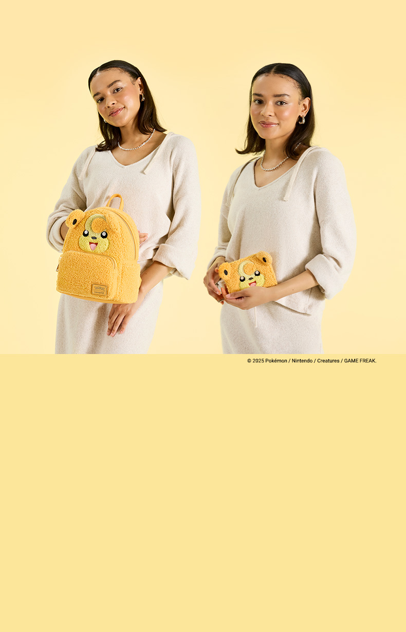 Yellow background with model showcasing Loungefly 