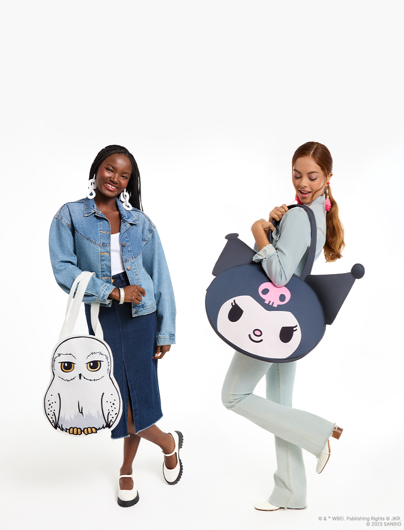 White/Gray background with models showcasing Loungefly Oversized Totes collection