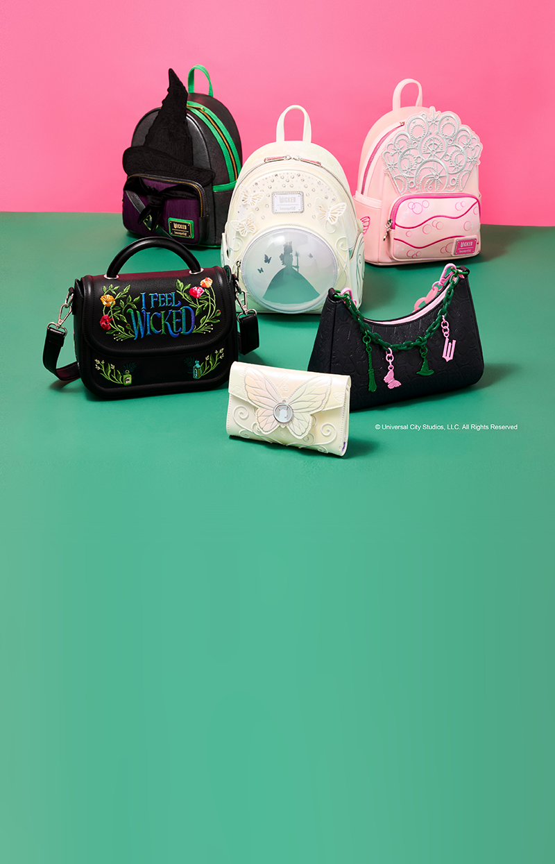 Pink and Green product background featuring Loungefly Universal Wicked For Good collection
