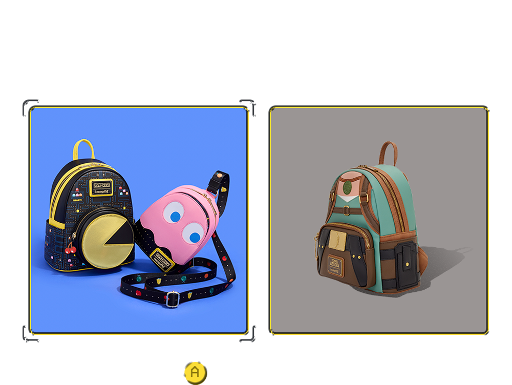 Lifestyle images of Loungefly Video Game styles with retro game aesthetic