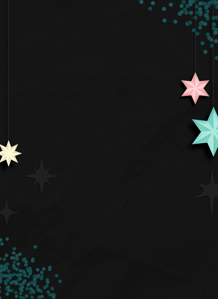 Black background with holiday stars and blue confetti circles