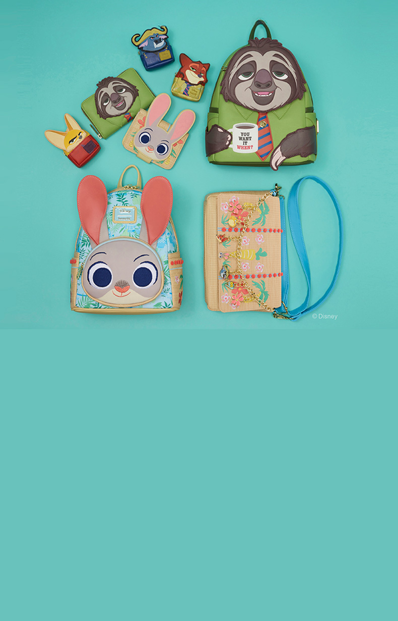 Teal product background featuring Loungefly Disney Zootopia collection