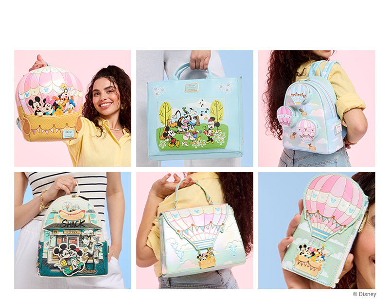Collage of Loungefly's June 2025 Disney Mickey & Friends collections featuring Runaway Railway exclusives and Hot Air Balloons