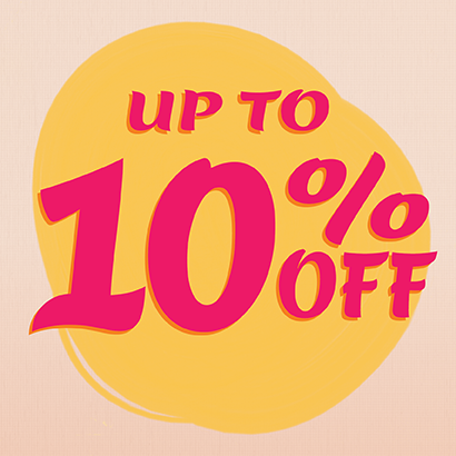 Tan background with Yellow circle and Pink text messaging "Up to 10% Off" styles. Click to shop now!