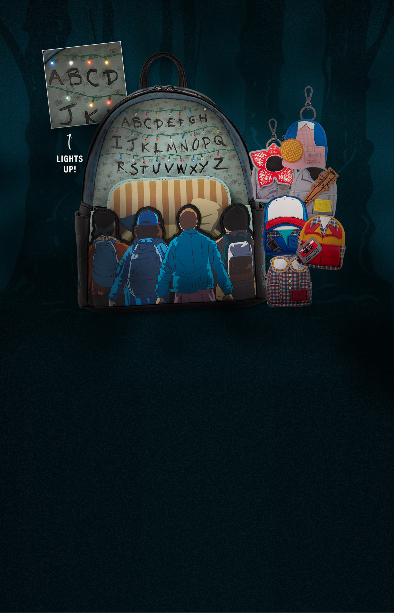 Black background featuring Loungefly Stranger Things 10th Anniversary collection