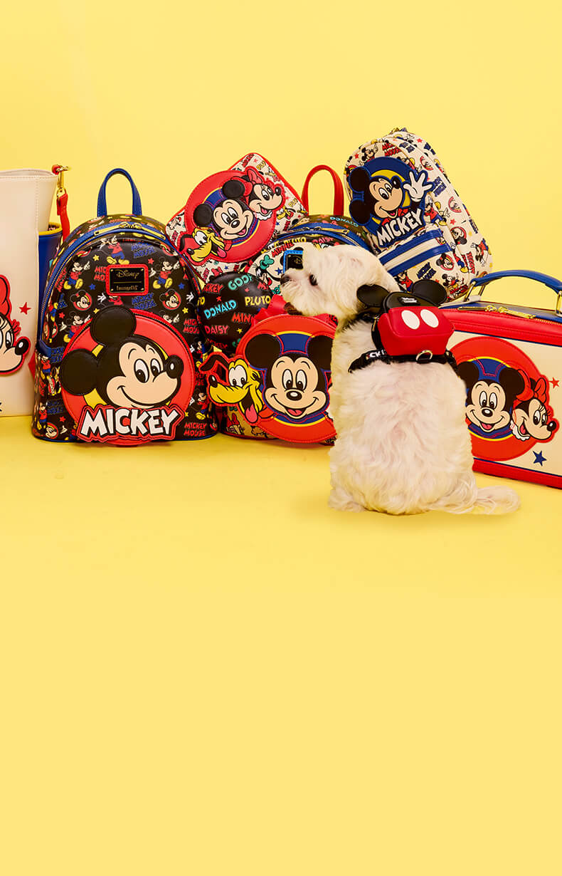 Yellow product background featuring November Mickey & Friends Classic collection including pet accessories