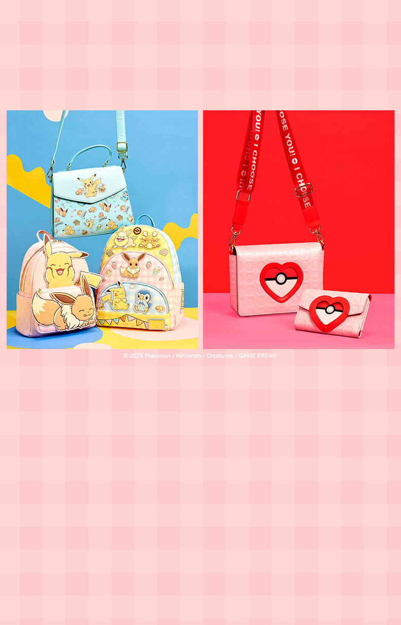 Pink gingham background featuring Loungefly January Pokemon Cafe and I Choose You collections