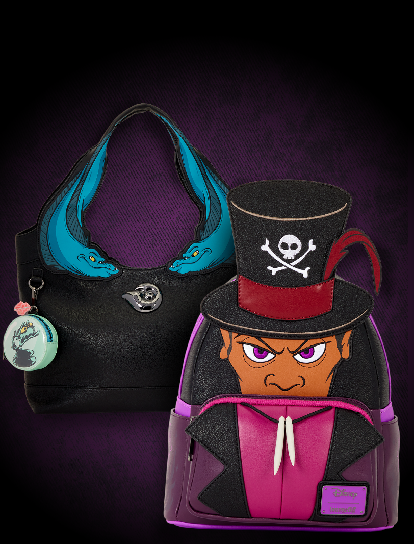 Dark Purple background with black lines featuring Loungefly Disney Villains collection