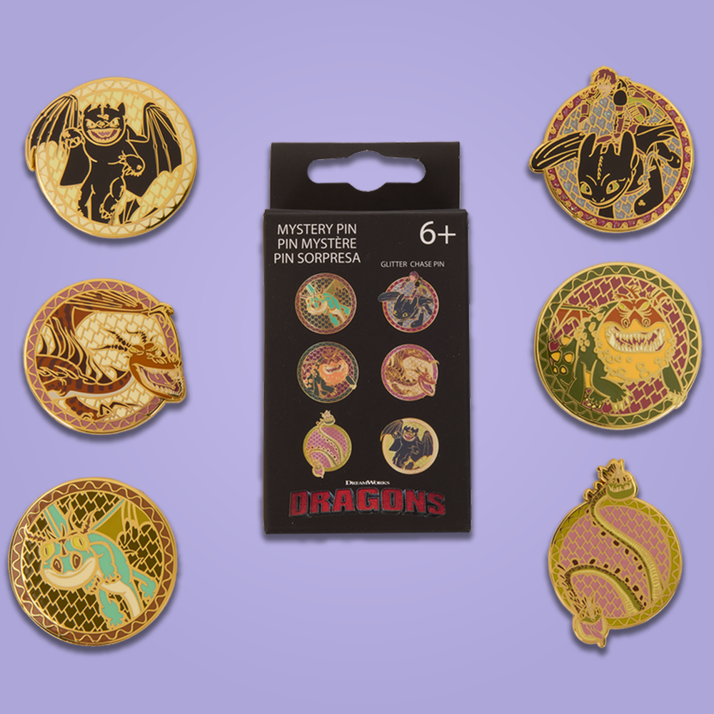Purple background featuring Loungefly How To Train Your Dragon Mystery Mini Pins