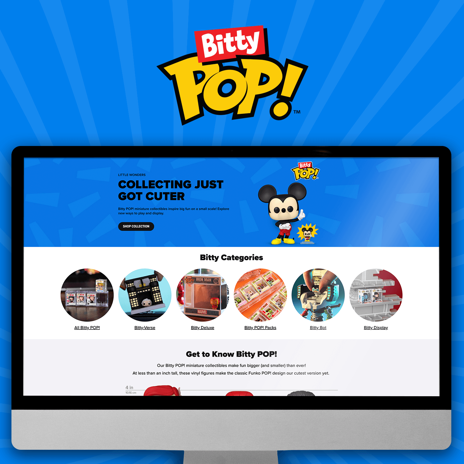 Pink swirl background with computer screen showcasing Funko Bitty POP! landing page