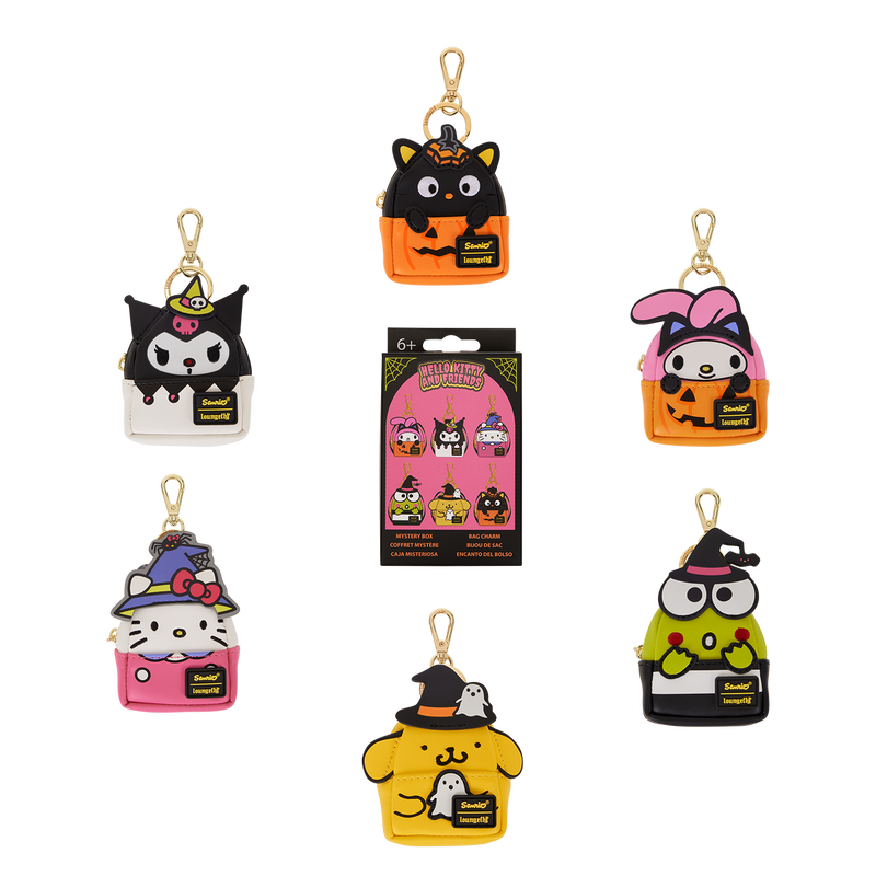 Image of all the Sanrio Hello Kitty and Friends Mystery Mini Backpack Keychain Charms, featuring Chococat, My Melody, Keroppi, Pompompurin, Hello Kitty, and Kuromi. 
