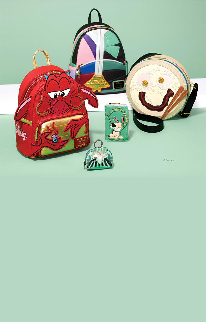 Mint and White product background featuring Loungefly Disney Mulan collection