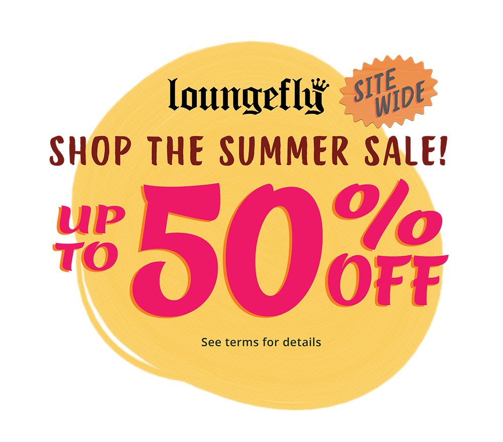 Yellow circle with messaging for Loungefly's Summer Sale Up to 50% Off sitewide!