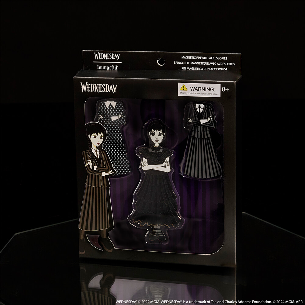 Black product background featuring Wednesday Addams Paper Doll Magnetic Pin Set