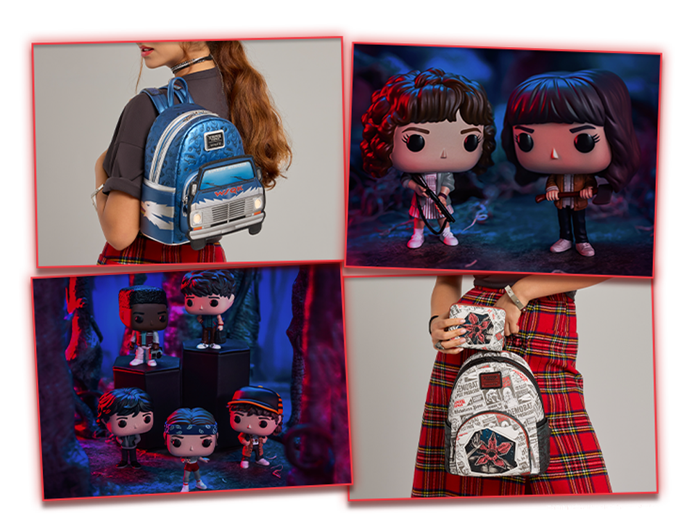 Red border collage with glow featuring Loungefly and Funko Stranger Things collections