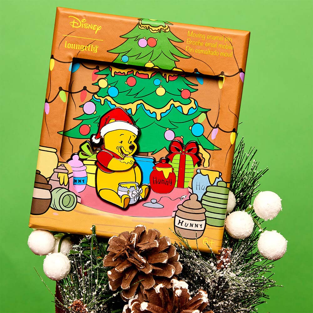 Green product background with wreath and pinecones featuring Disney Winnie The Pooh Honey Present 3" Collector Box Sliding Pin