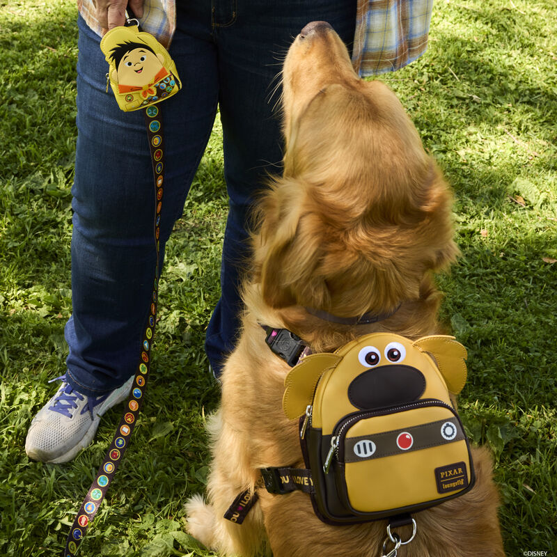 Golden retriever outside facing away from camera, facing a person holding the Loungefly Wilderness Explorer Badges Leash and Russell Treat & Disposable Bag Holder