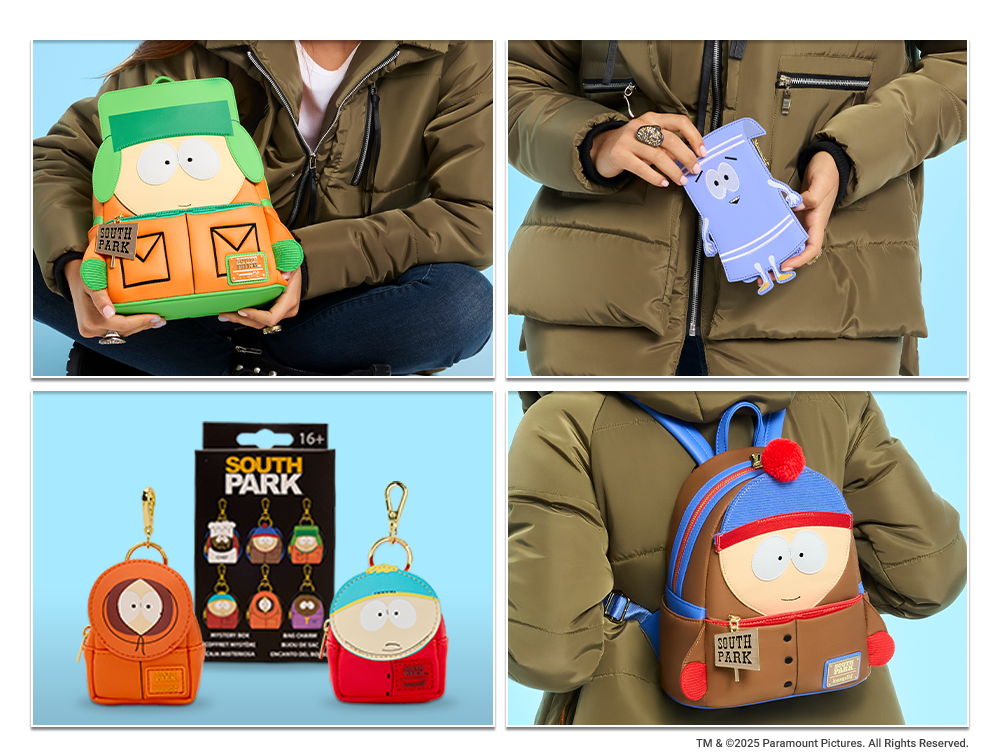 Collage of Loungefly South Park collection including Mystery Mini Backpack Keychains