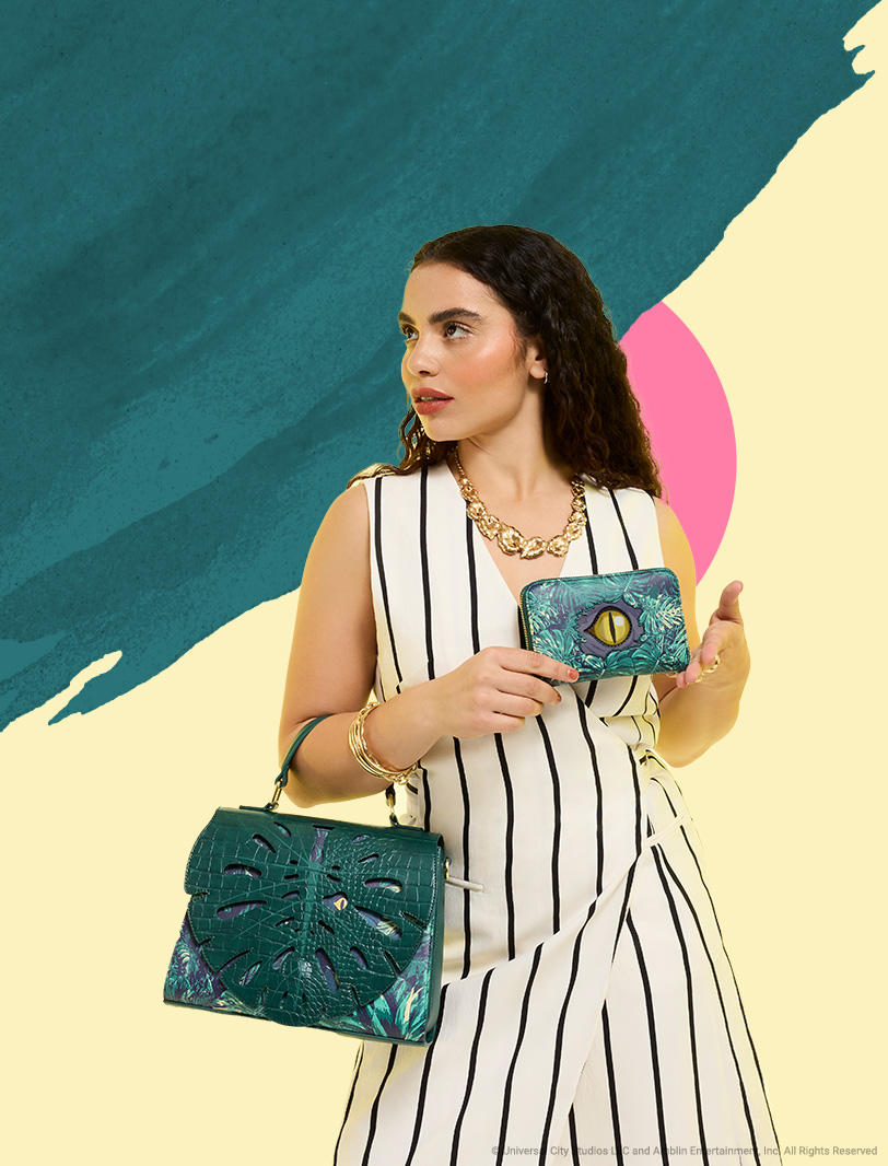 Dark Blue/Green textured background with model showcasing Loungefly June Jurassic Park: Rebirth collection