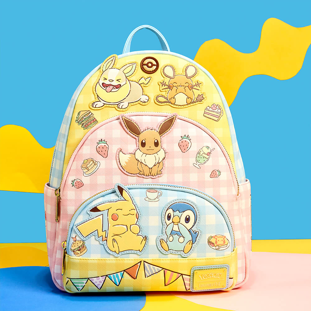 Blue Yellow product background featuring Loungefly Pokémon Triple Pocket Backpack. Click to shop Bags!