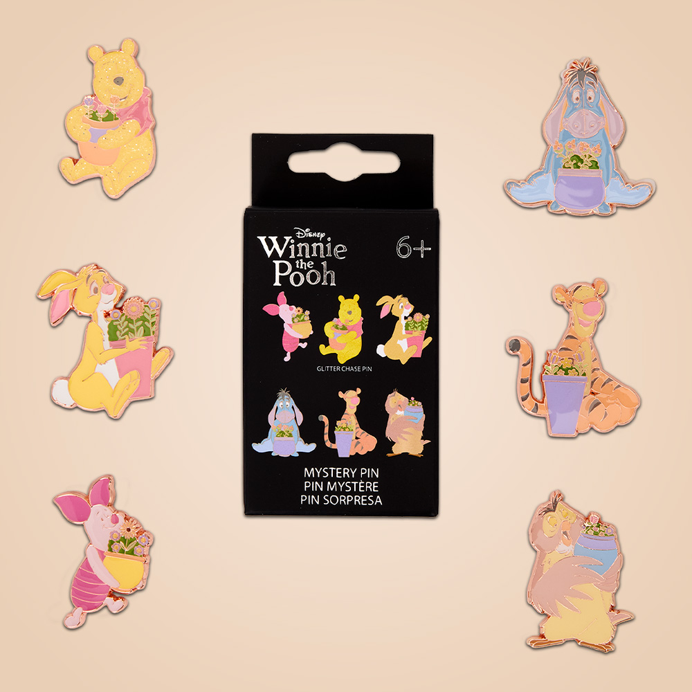Tan background featuring Loungefly Disney Winnie the Pooh Mystery Pins
