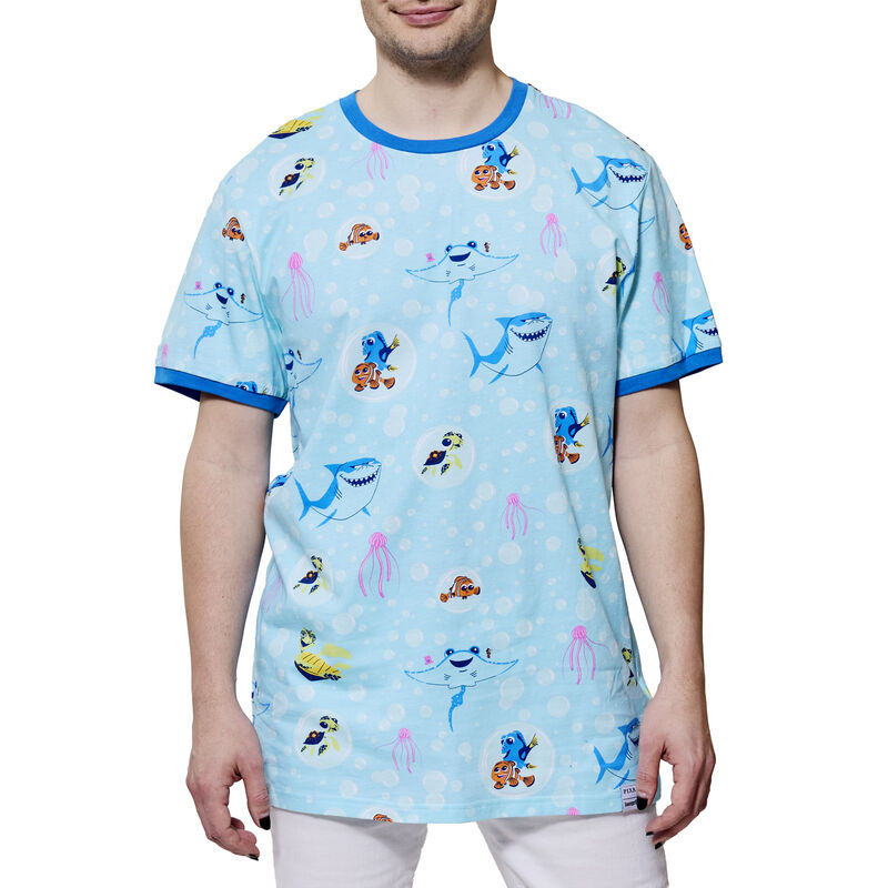 Man wearing a blue short-sleeve t-shirt with characters from Finding Nemo on it. 