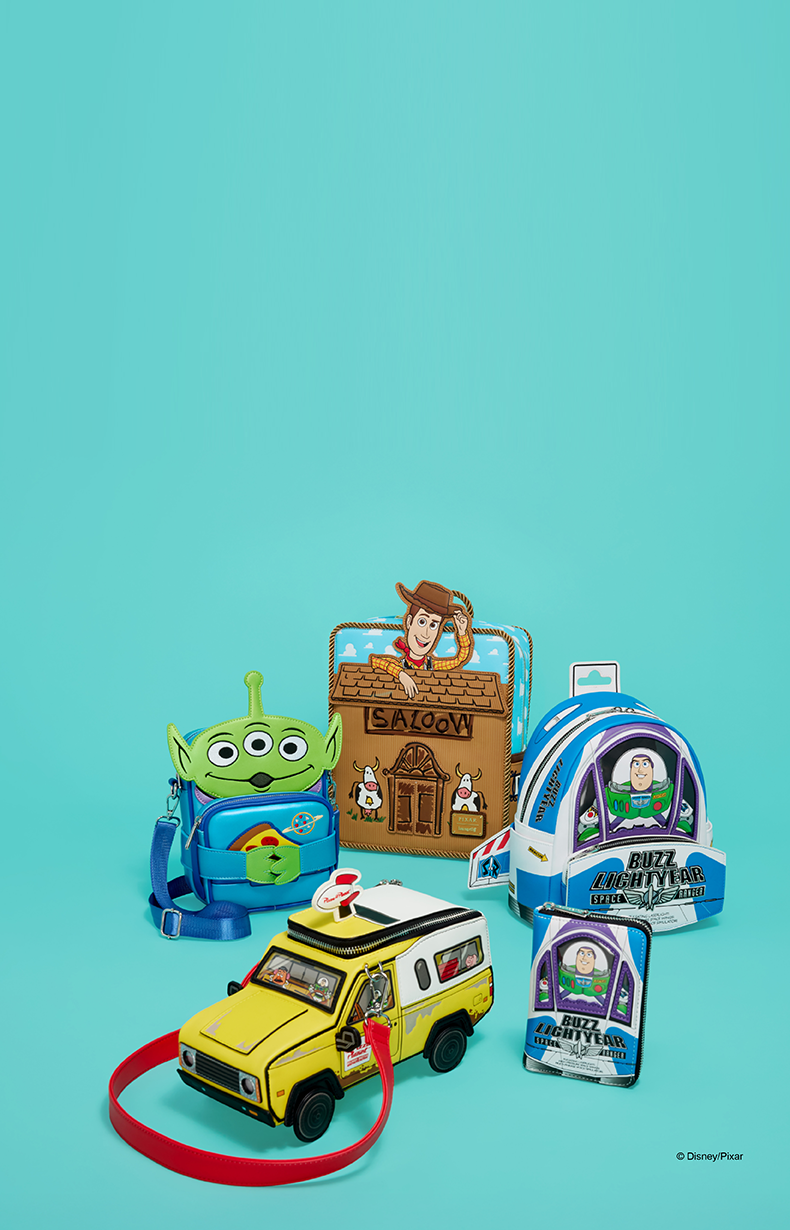 Teal product background featuring Loungefly Pixar Toy Story 30th Anniversary collection