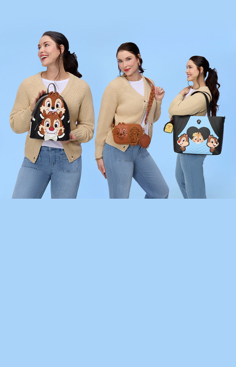 Blue background with model showcasing Loungefly Disney Chip 'n Dale collection