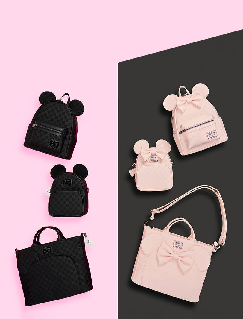 Pink and Black product background featuring Loungefly Disney Mickey and Minnie Checkerboard collection