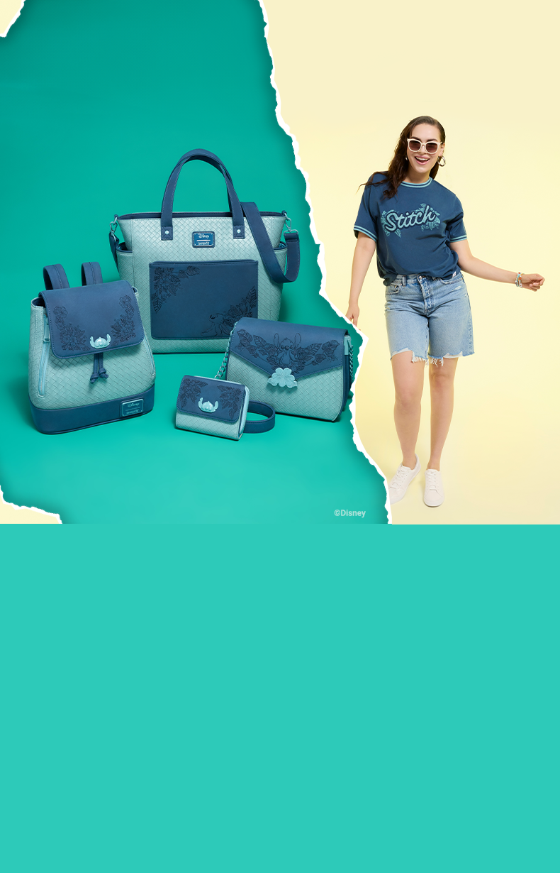 Yellow background with model wearing Loungefly Disney Stitch apparel with paper tears showing a Green background with Loungefly Disney Lilo & Stitch Quiet Fandom collection