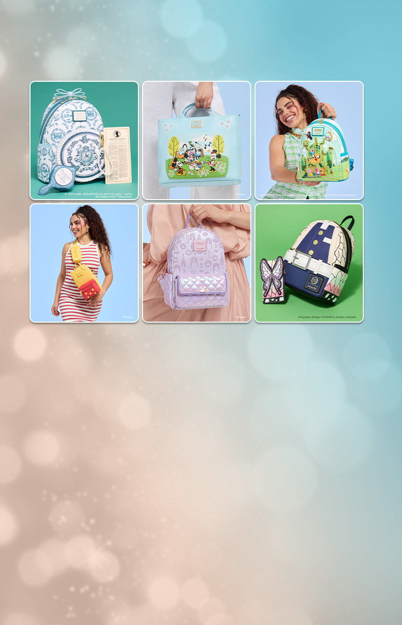 Blue to Tan gradient background with bokeh effect featuring Loungefly June 2025 Exclusives collection