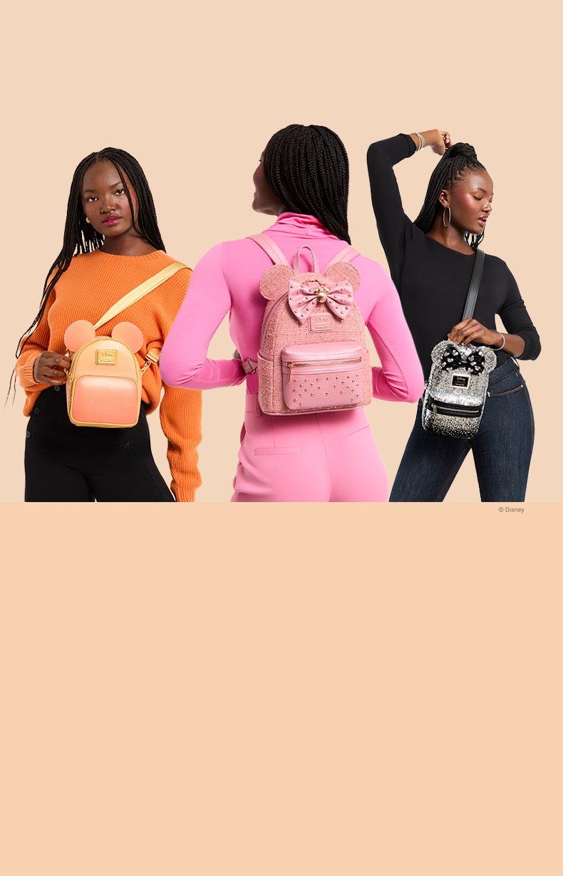 Orange background with model showcasing Loungefly Disney Mickey and Minnie Sequin collection