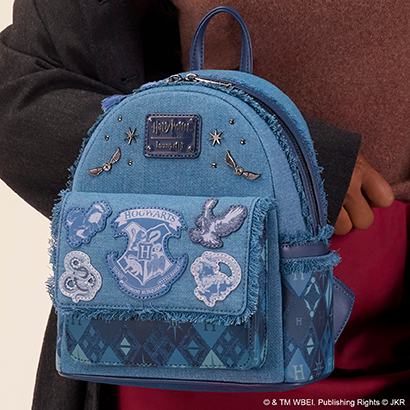 Model showcasing Loungefly Harry Potter Denim Mini Backpack
