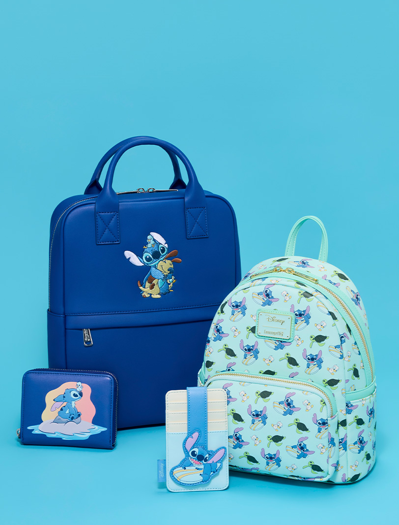 Blue background featuring Loungefly Disney Lilo & Stitch collection