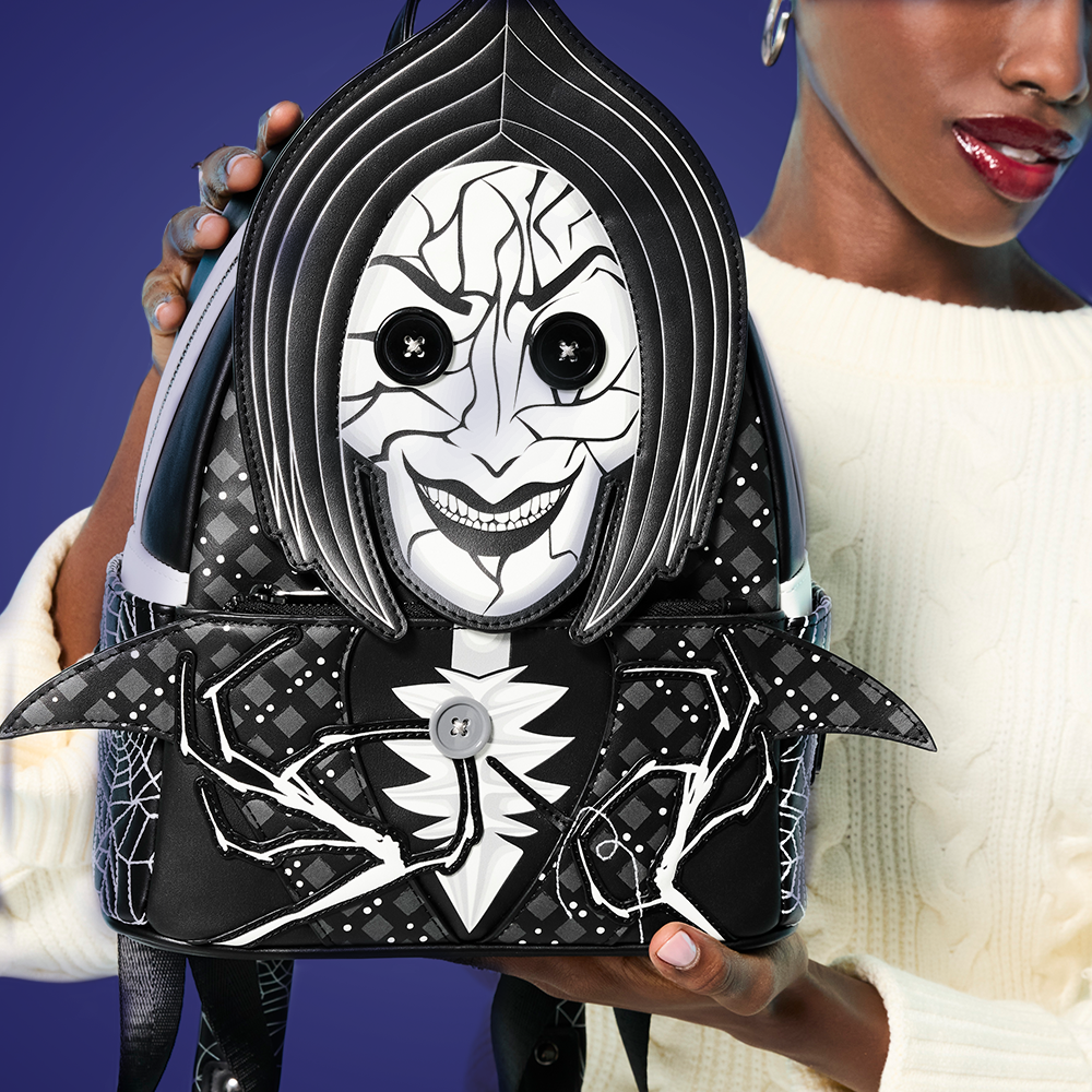Purple background with model showcasing Loungefly Coraline Other Mother mini backpack