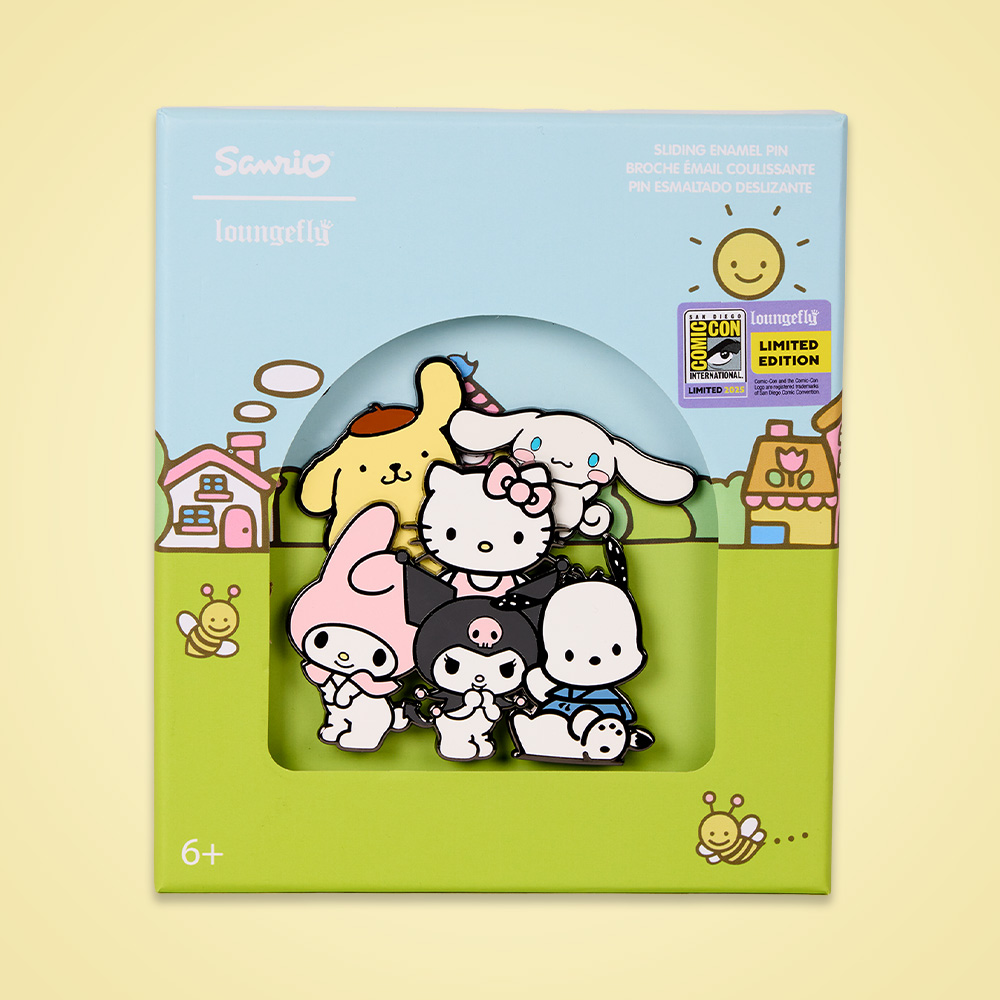 Yellow background featuring Loungefly San Diego Comic Con Sanrio Enamel Pin