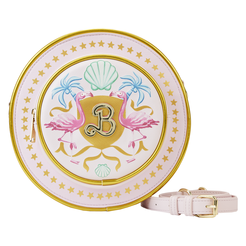 Circular crossbody bag that's pink and features the logo from Barbie: The Movie on the front surrounded by flamingos, shells, and stars. 