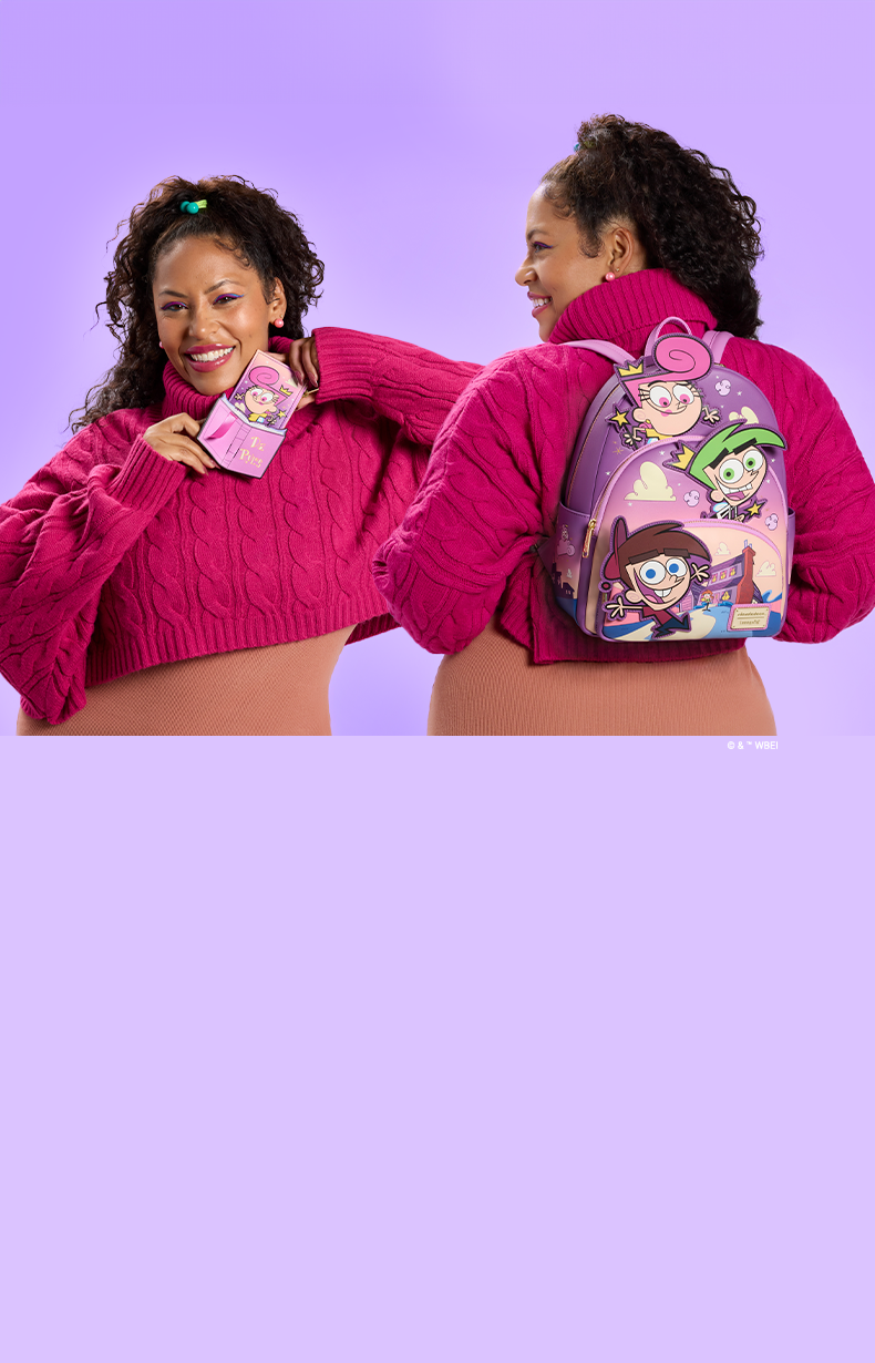 Purple background with model showcasing Loungefly Nickelodeon Fairly Odd Parents exclusive collection